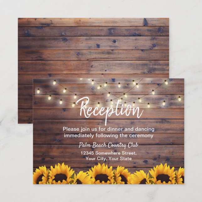 Invitación Rustic Sunflowers String Lights Wedding Reception (Anverso / Reverso)
