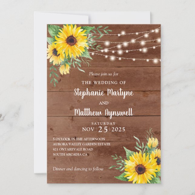 Invitación Rustic Sunflowers String Lights Wood Boda (Anverso)