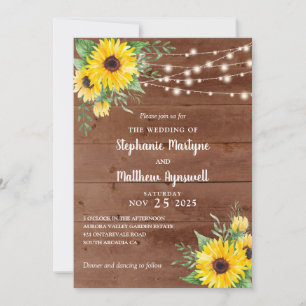 Invitación Rustic Sunflowers String Lights Wood Boda