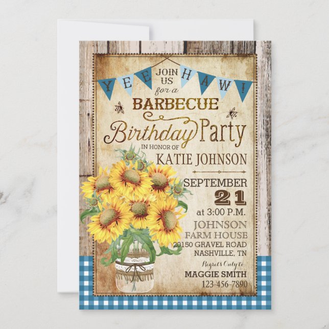 Invitación Rustic Sunflowers Wood Gingham Check Birthday (Anverso)