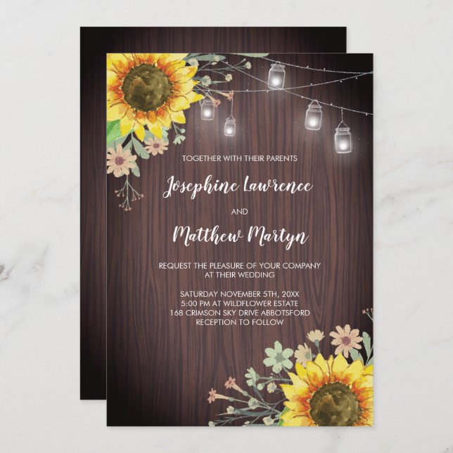 Invitación Rustic Sunflowers Wood Mason Jar Boda (Anverso / Reverso)