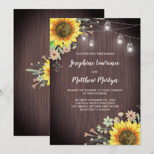 Invitación Rustic Sunflowers Wood Mason Jar Boda