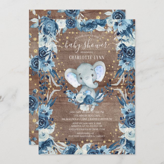Invitación Rustic Sweet Baby Elephant Baby Shower (Anverso / Reverso)