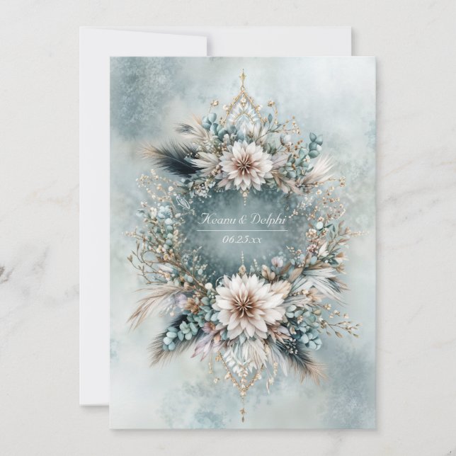Invitación Rustic Teal Blue Feather White Floral Wedding (Anverso)
