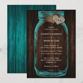 Invitación Rustic Teal Mason Jar Wood Hearts Monogram Wedding