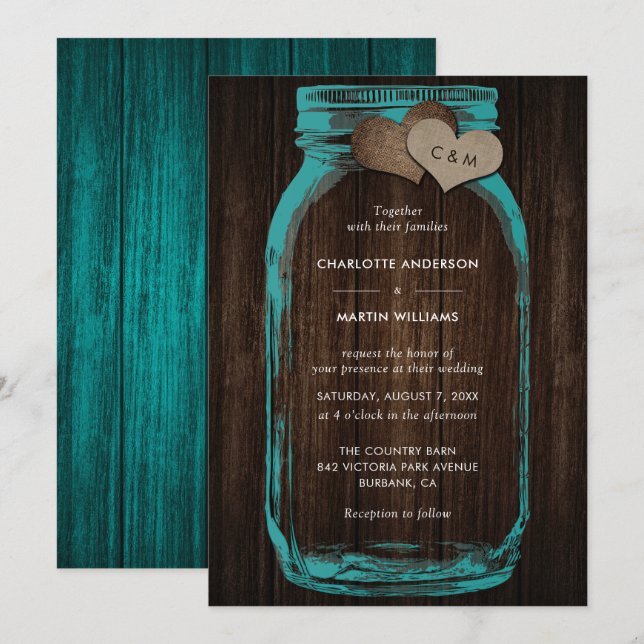 Invitación Rustic Teal Mason Jar Wood Hearts Monogram Wedding (Anverso / Reverso)
