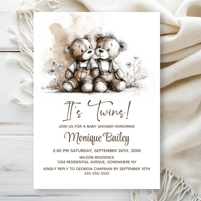 Invitación Rustic Teddy Bear Twins Baby Shower (Subido por el creador)