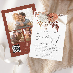 Invitación Rustic Terracotta Florals 3 fotos Boda de código Q