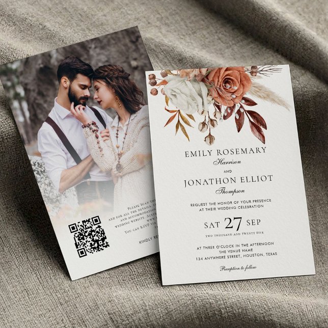 Invitación Rustic Terracotta Florals Foto Boda formal QR (Front and Back view)