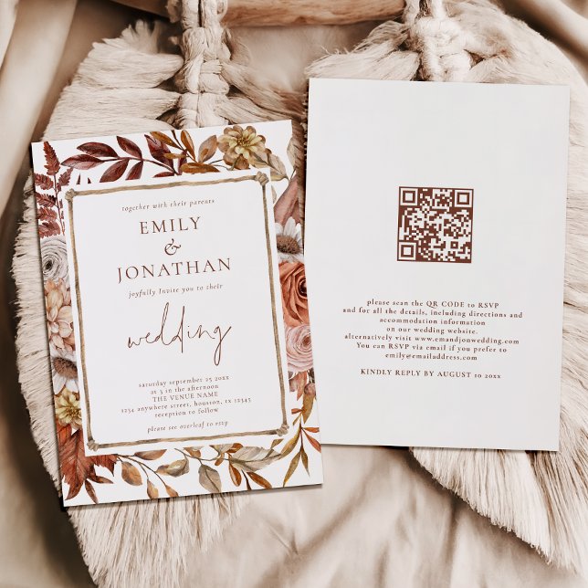 Invitación Rustic Terracotta Florals Fronteriza QR Code Boda (Front and back view)