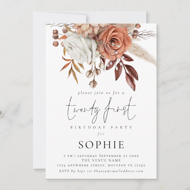 Invitación Rustic Terracotta Florals Script 21st Fiesta (Anverso)