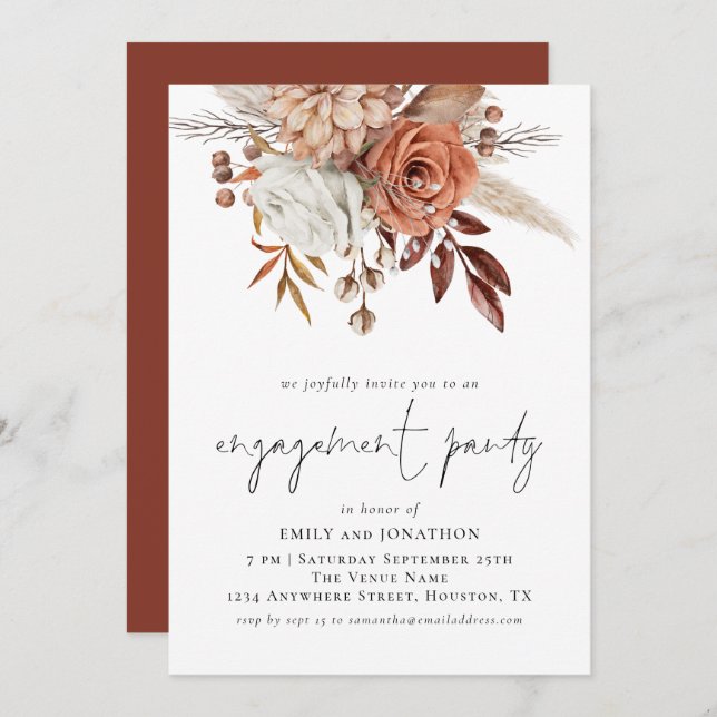 Invitación Rustic Terracotta Florals Script Engagement Party (Anverso / Reverso)