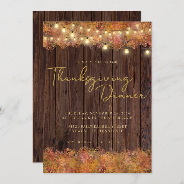 Invitación Rustic Thanksending Autumn String Lights Wood (Anverso / Reverso)