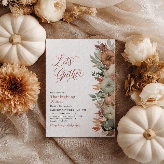 Invitación Rustic Thanksgiving Dinner Pumpkin Lets Gather (Let's Gather! Thanksgiving Dinner invitation with pumpkins, fall leaves and script font)