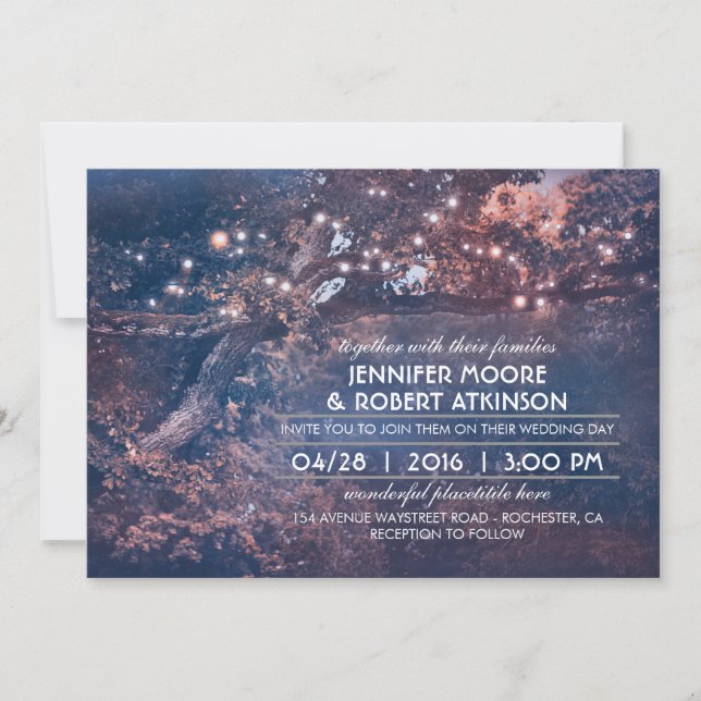 Invitación Rustic Tree String ilumina Forest Blue Boda (Anverso)