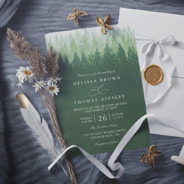 Invitación Rustic Trees Pine Forest  Elegant QR Code Wedding (Subido por el creador)
