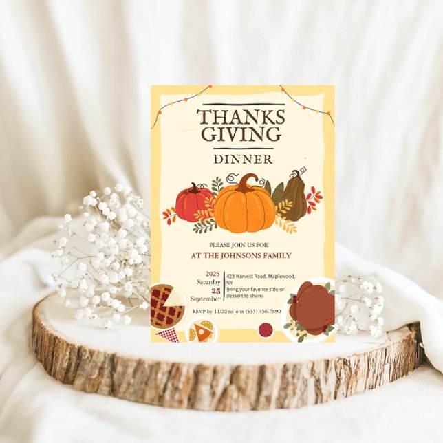 Invitación Rustic Turkey Pumpkin Thanksgiving Dinner Fall  (Rustic Turkey Pumpkin Thanksgiving Dinner Fall Invitation whimsical leaves fall autumn dinner party )