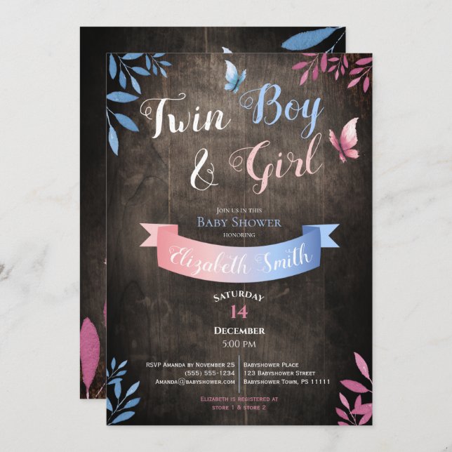 Invitación Rustic Twin Boy and Girl watercolor babyshower (Anverso / Reverso)