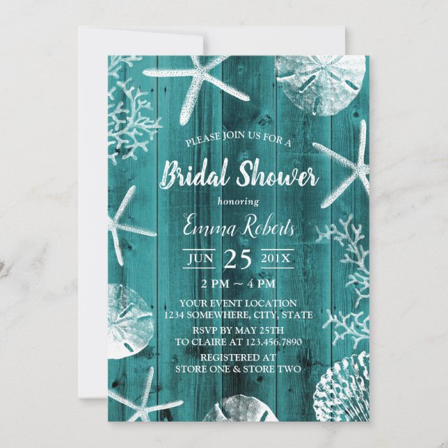 Invitación Rustic Verde azulada Beach Wedding Seashells Brida (Anverso)