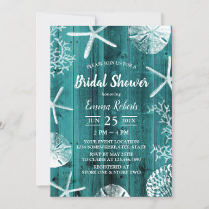 Invitación Rustic Verde azulada Beach Wedding Seashells Brida