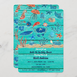Invitación Rustic Verde azulada Wood & Under Sea Friends Whim