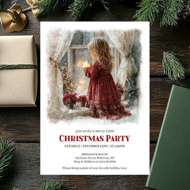 Invitación Rustic Victorian Little Girl Awaiting Santa Digita (Rustic Victorian Little Girl Awaiting Santa Printable Invite)