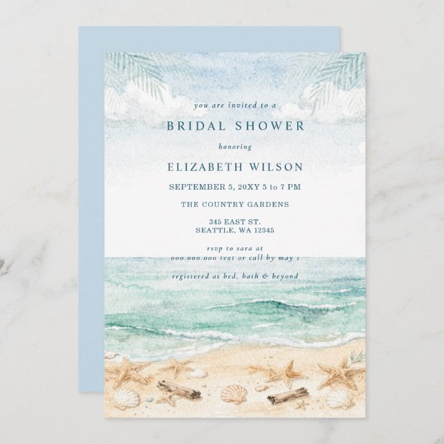 Invitación Rustic Watercolor Beach Bridal Shower (Anverso / Reverso)