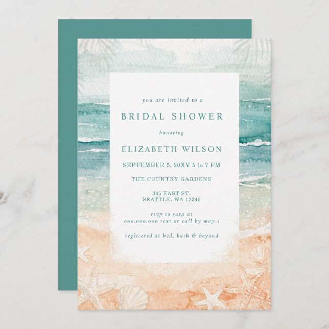 Invitación Rustic Watercolor Beach Bridal Shower (Anverso / Reverso)
