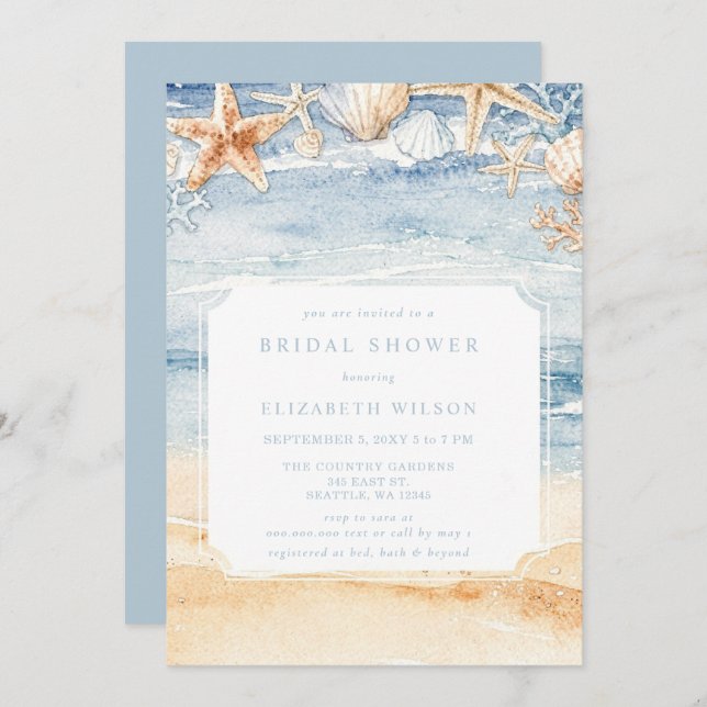 Invitación Rustic Watercolor Beach Bridal Shower (Anverso / Reverso)