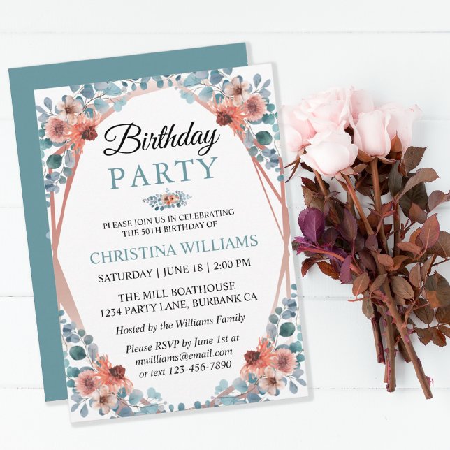 Invitación Rustic Watercolor Blue Floral 50th Birthday Party (Subido por el creador)