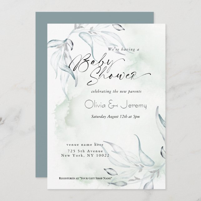 Invitación Rustic Watercolor Eucalyptus Foiliage Baby Shower (Anverso / Reverso)