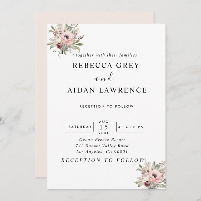 Invitación rustic watercolor floral bouquet (Anverso / Reverso)