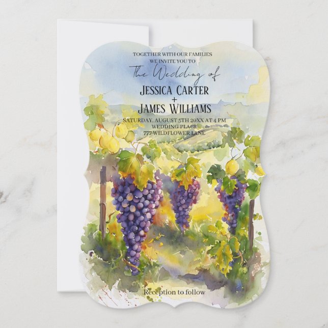 Invitación Rustic Watercolor Lemons Grapes Vineyard Wedding (Anverso)