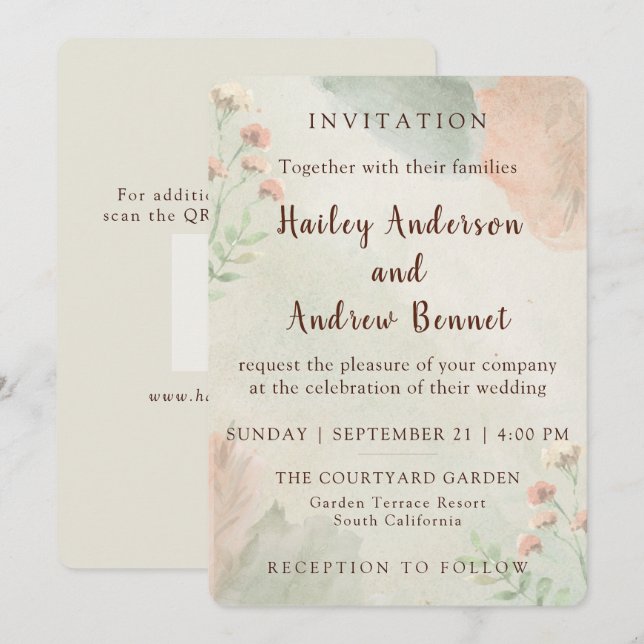 Invitación Rustic Watercolor Peach and Green Minimal Wedding (Anverso / Reverso)