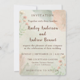 Invitación Rustic Watercolor Peach and Green Minimal Wedding