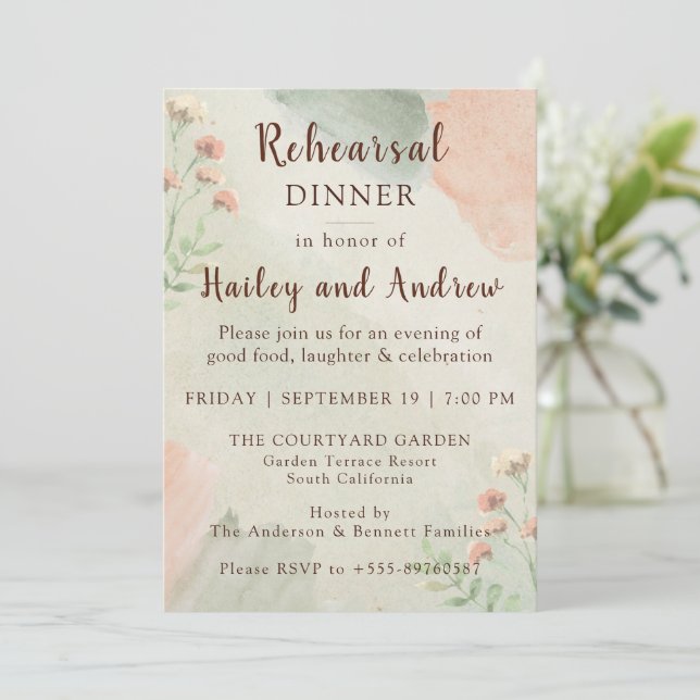 Invitación Rustic Watercolor Peach & Green Rehearsal Dinner  (Anverso de pie)