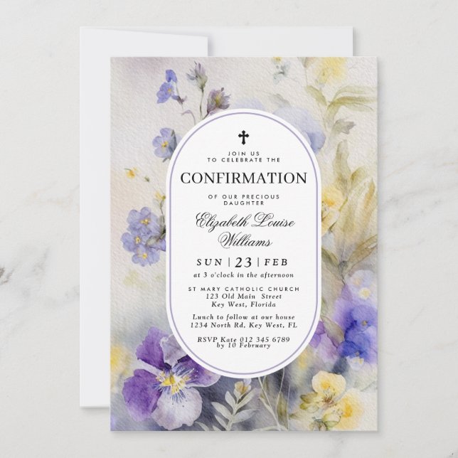 Invitación Rustic Watercolor Purple & Yellow Confirmation (Anverso)