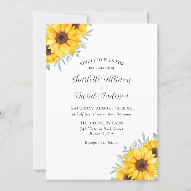 Invitación Rustic Watercolor Sunflower Greenery Wedding (Anverso)