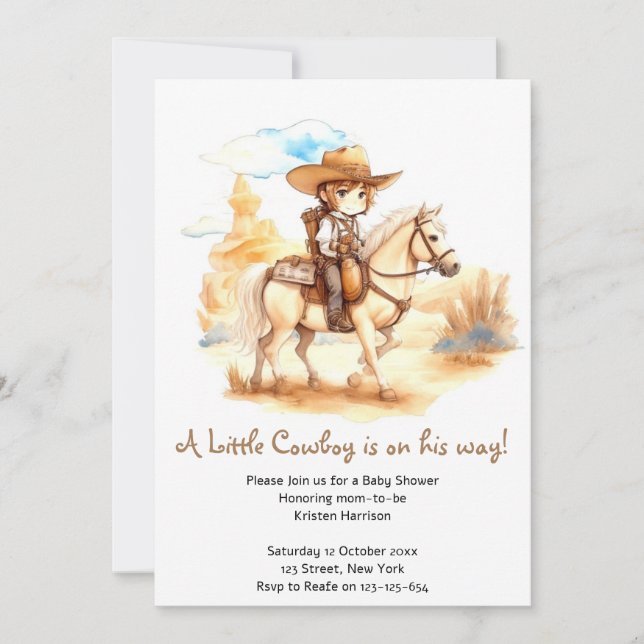 Invitación Rustic Watercolor Western Cowboy Baby Shower (Anverso)