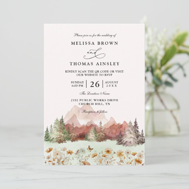 Invitación Rustic Wedding Mountain Wildflower QR Code Wedding (Anverso de pie)