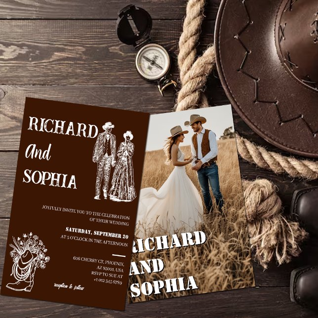 Invitación Rustic Western Brown Cowboy Boots Wedding  (Subido por el creador)