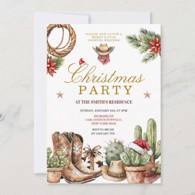 Invitación Rustic Western Cowboy Boots & Cactus Holiday  (Anverso)