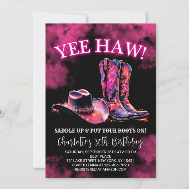 Invitación Rustic Western Cowgirl Birday Party Pink Neon (Anverso)