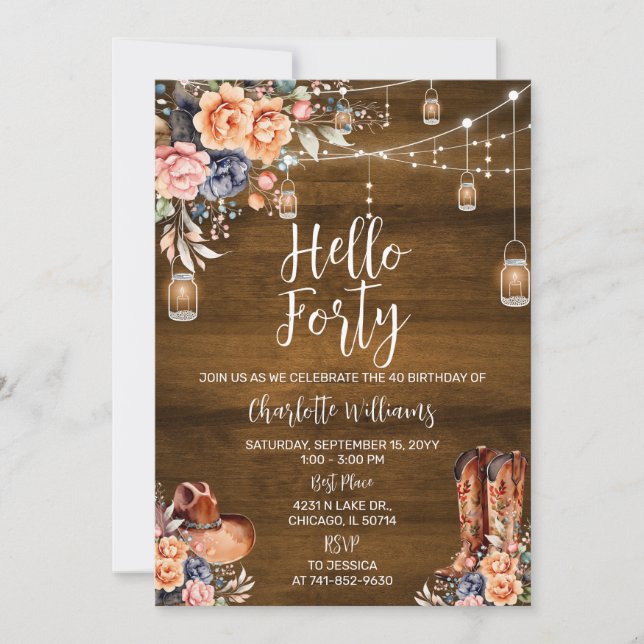Invitación Rustic Western Hello Fiesta de cumpleaños por cuar (Anverso)