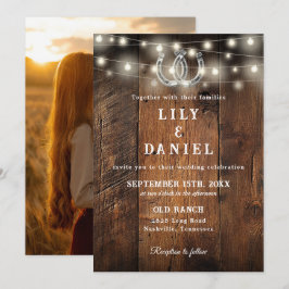 Invitación Rustic Western Horseshoes Lights Photo Wedding