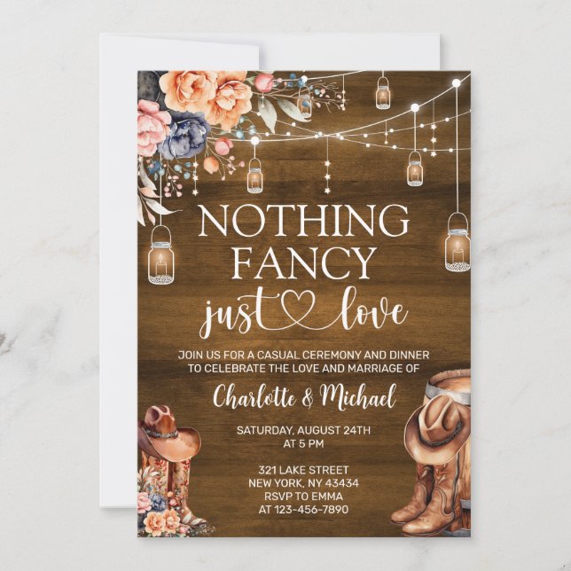 Invitación Rustic Western Nothing Fancy Just Love Wedding (Anverso)