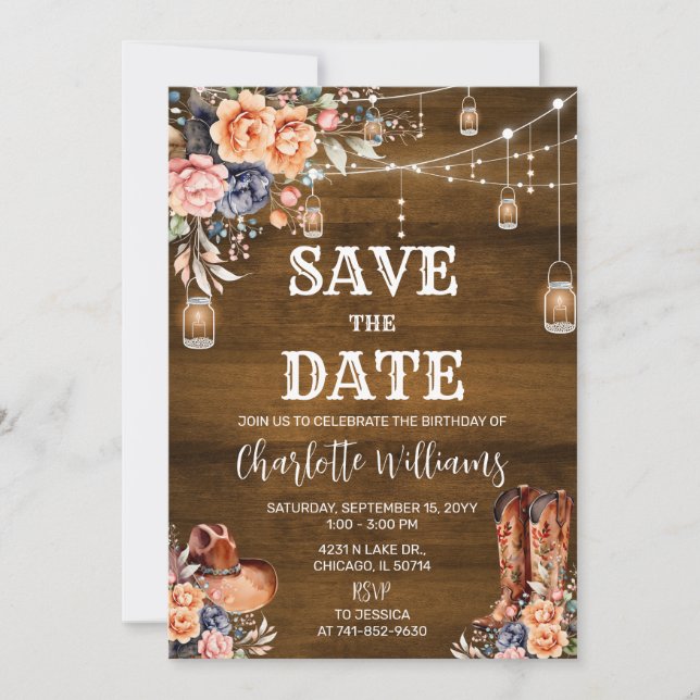 Invitación Rustic Western Save the Date Birthday Party (Anverso)