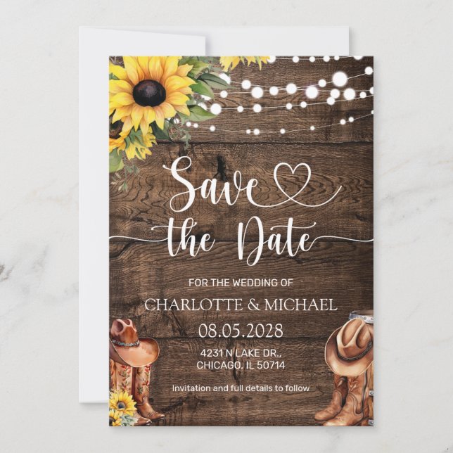 Invitación Rustic Western Save the Date Wedding (Anverso)
