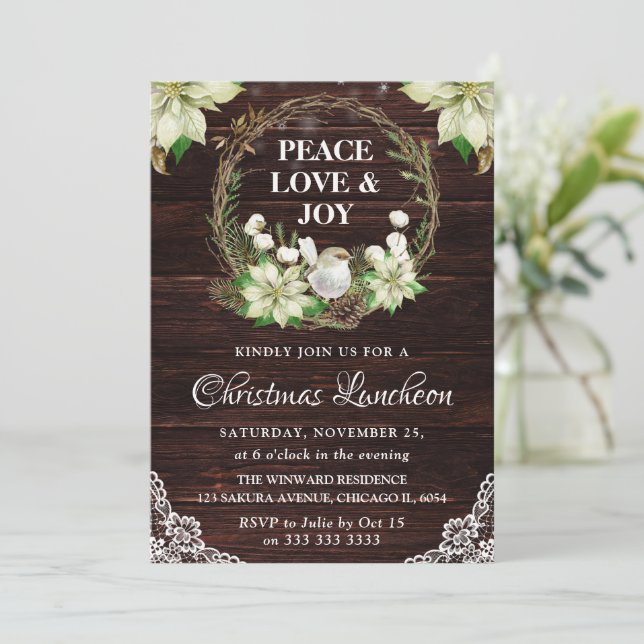 Invitación Rustic White Poinsettia and Robin Christmas (Anverso de pie)