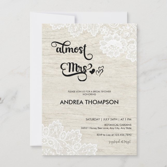 Invitación Rustic White Wood | Lace Despedida de Soltera (Anverso)